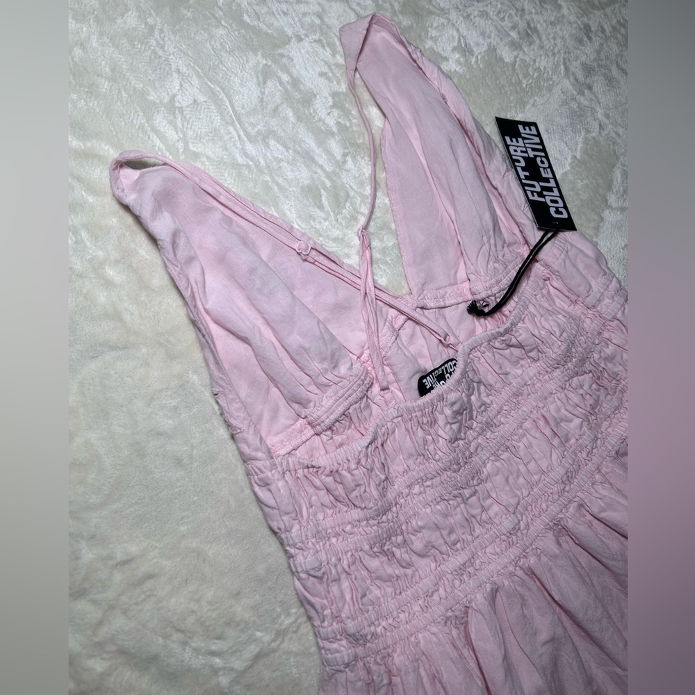 NWT Future Collective Light Pink Scalloped Eyelet Maxi A-Line Dress, Smocked - Picture 7 of 15